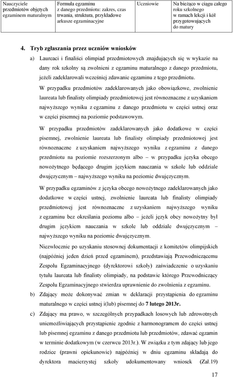 Tryb zgłaszania przez uczniów wniosków a) Laureaci i finaliści olimpiad przedmiotowych znajdujących się w wykazie na dany rok szkolny są zwolnieni z egzaminu maturalnego z danego przedmiotu, jeżeli