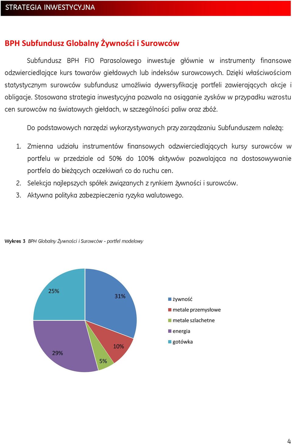 Stosowana strategia inwestycyjna pozwala na osiąganie zysków w przypadku wzrostu cen surowców na światowych giełdach, w szczególności paliw oraz zbóż.