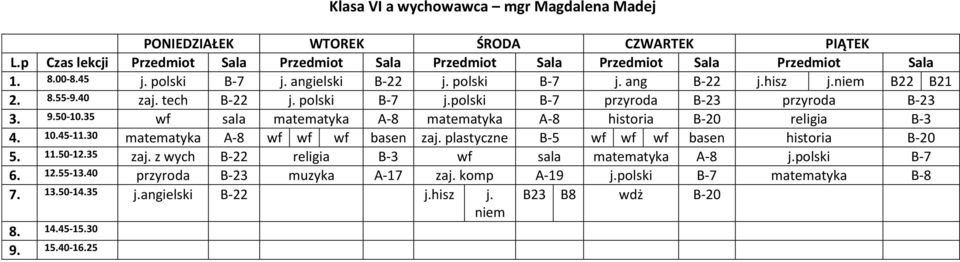 30 matematyka A-8 wf wf wf basen zaj. plastyczne B-5 wf wf wf basen historia B-20 5. 11.50-12.35 zaj. z wych B-22 religia B-3 wf sala matematyka A-8 j.