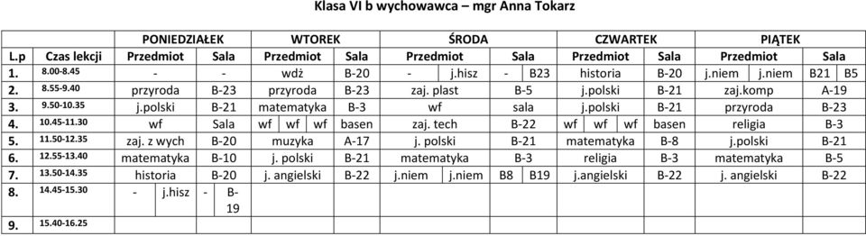 tech B-22 wf wf wf basen religia B-3 5. 11.50-12.35 zaj. z wych B-20 muzyka A-17 j. polski B-21 matematyka B-8 j.polski B-21 6. 12.55-13.40 matematyka B-10 j.