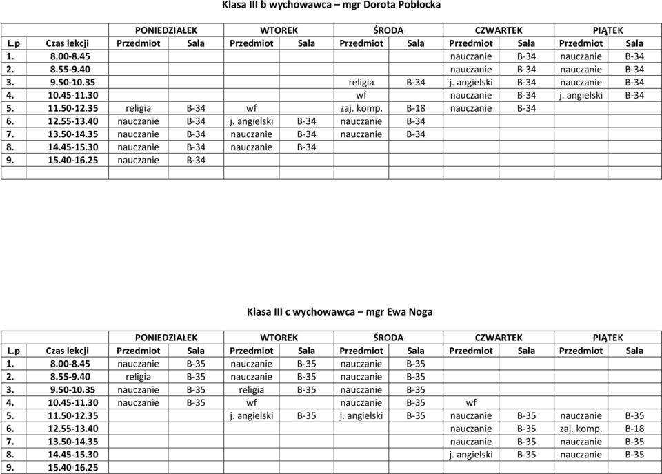 35 nauczanie B-34 nauczanie B-34 nauczanie B-34 8. 14.45-15.30 nauczanie B-34 nauczanie B-34 nauczanie B-34 Klasa III c wychowawca mgr Ewa Noga 1. 8.00-8.