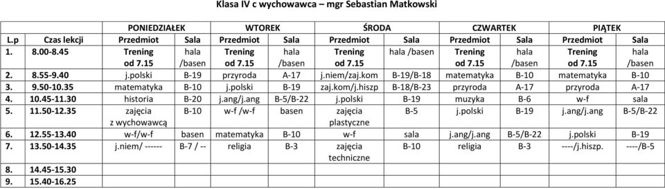 45-11.30 historia B-20 j.ang/j.ang B-5/B-22 j.polski B-19 muzyka B-6 w-f sala 5. 11.50-12.35 zajęcia B-10 w-f /w-f basen zajęcia B-5 j.polski B-19 j.ang/j.ang B-5/B-22 z wychowawcą plastyczne 6. 12.