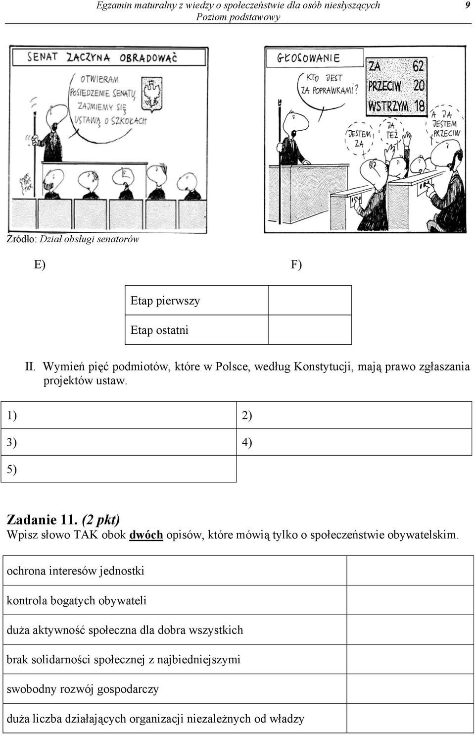 (2 pkt) Wpisz słowo TAK obok dwóch opisów, które mówią tylko o społeczeństwie obywatelskim.