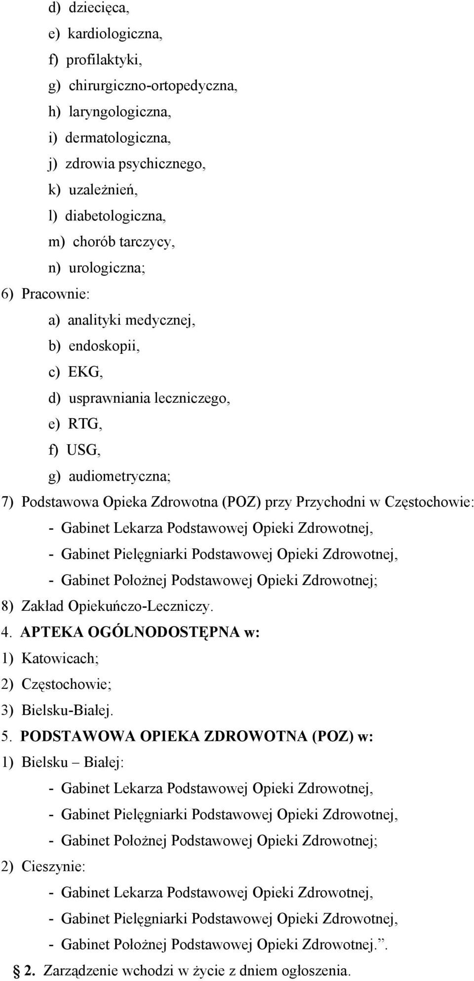 Przychodni w Częstochowie: - Gabinet Położnej Podstawowej Opieki Zdrowotnej; 8) Zakład Opiekuńczo-Leczniczy. 4. APTEKA OGÓLNODOSTĘPNA w: 1) Katowicach; 2) Częstochowie; 3) Bielsku-Białej. 5.