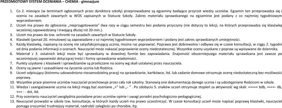 Uczeń ma prawo do zgłoszenia nieprzygotowania dwa razy w ciągu semestru bez podania przyczyny (nie dotyczy to lekcji, na których przeprowadza się klasówkę wcześniej zapowiedzianą i trwającą dłużej