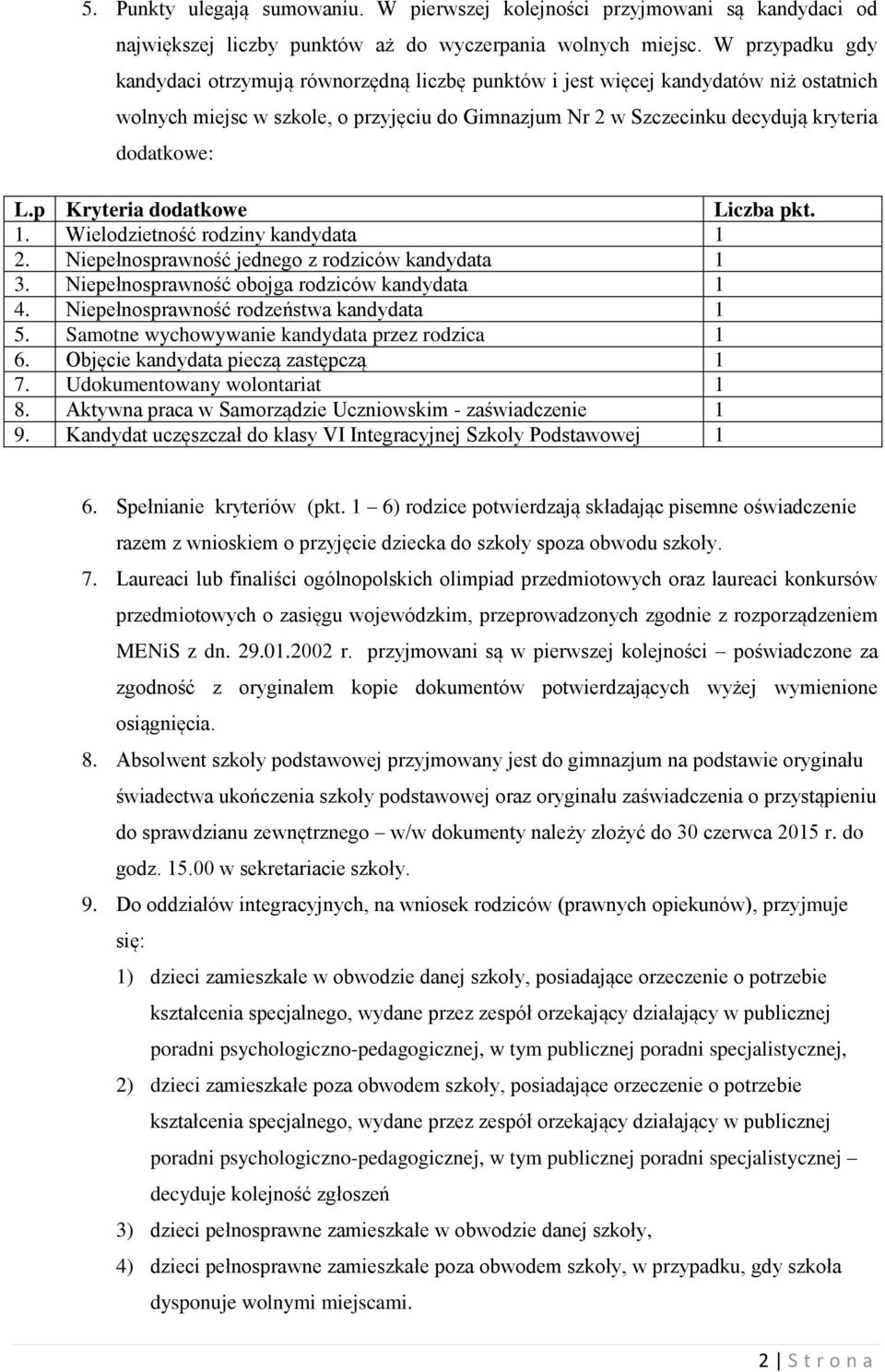 L.p Kryteria dodatkowe Liczba pkt. 1. Wielodzietność rodziny kandydata 1 2. Niepełnosprawność jednego z rodziców kandydata 1 3. Niepełnosprawność obojga rodziców kandydata 1 4.