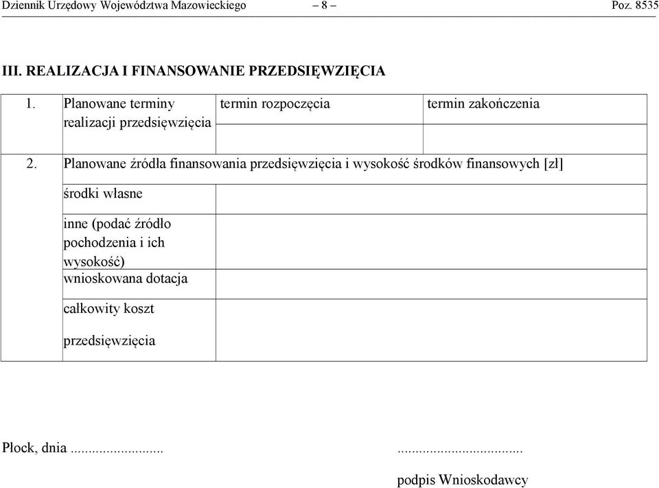 Planowane źródła finansowania przedsięwzięcia i wysokość środków finansowych [zł] środki własne inne