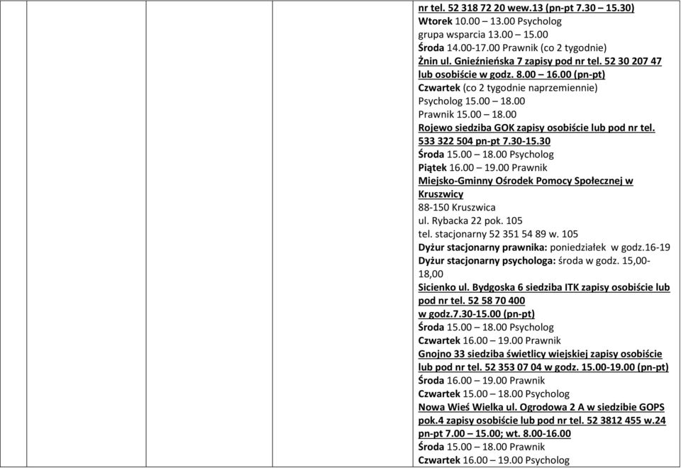 533 322 504 pn-pt 7.30-15.30 Środa 15.00 18.00 Psycholog Piątek 16.00 19.00 Prawnik Miejsko-Gminny Ośrodek Pomocy Społecznej w Kruszwicy 88-150 Kruszwica ul. Rybacka 22 pok. 105 tel.