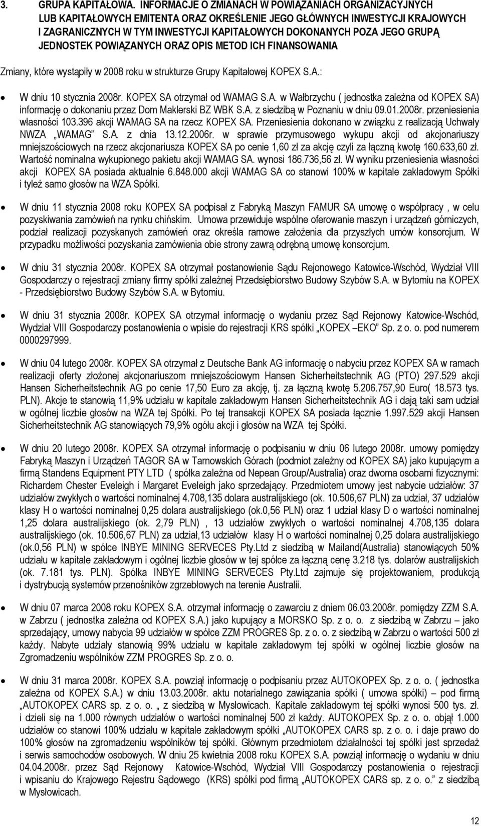 GRUPĄ JEDNOSTEK POWIĄZANYCH ORAZ OPIS METOD ICH FINANSOWANIA Zmiany, które wystąpiły w 2008 roku w strukturze Grupy Kapitałowej KOPEX S.A.: W dniu 10 stycznia 2008r. KOPEX SA otrzymał od WAMAG S.A. w Wałbrzychu ( jednostka zależna od KOPEX SA) informację o dokonaniu przez Dom Maklerski BZ WBK S.