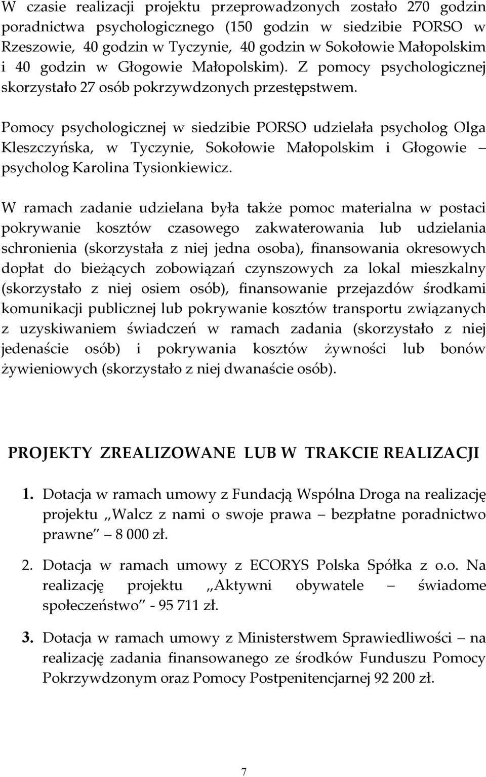 Pomocy psychologicznej w siedzibie PORSO udzielała psycholog Olga Kleszczyńska, w Tyczynie, Sokołowie Małopolskim i Głogowie psycholog Karolina Tysionkiewicz.