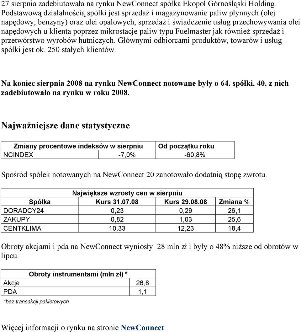 poprzez mikrostacje paliw typu Fuelmaster jak również sprzedaż i przetwórstwo wyrobów hutniczych. Głównymi odbiorcami produktów, towarów i usług spółki jest ok. 250 stałych klientów.