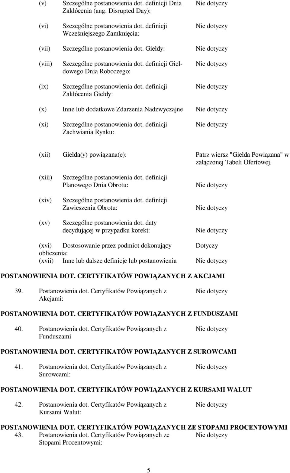 definicji Zakłócenia Giełdy: (x) Inne lub dodatkowe Zdarzenia Nadzwyczajne (xi) Szczególne postanowienia dot.