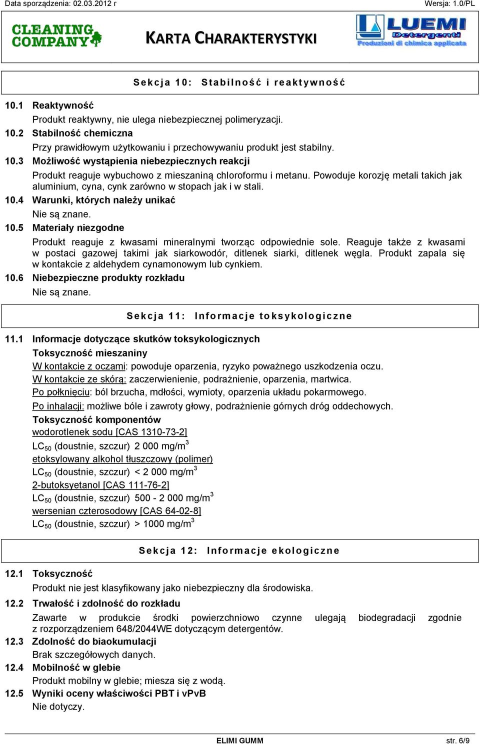 Powoduje korozję metali takich jak aluminium, cyna, cynk zarówno w stopach jak i w stali. 10.4 Warunki, których należy unikać Nie są znane. 10.5 Materiały niezgodne Produkt reaguje z kwasami mineralnymi tworząc odpowiednie sole.