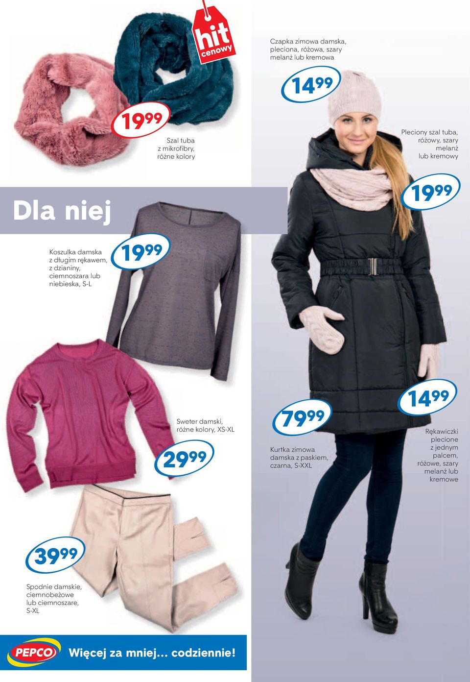 niebieska, S-L Sweter damski, różne kolory, XS-XL 2 7 Kurtka zimowa damska z paskiem, czarna, S-XXL Rękawiczki plecione