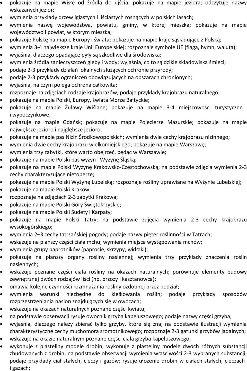 wymienia 3-4 największe kraje Unii Europejskiej; rozpoznaje symbole UE (flaga, hymn, waluta); wyjaśnia, dlaczego opadające pyły są szkodliwe dla środowiska; wymienia źródła zanieczyszczeń gleby i