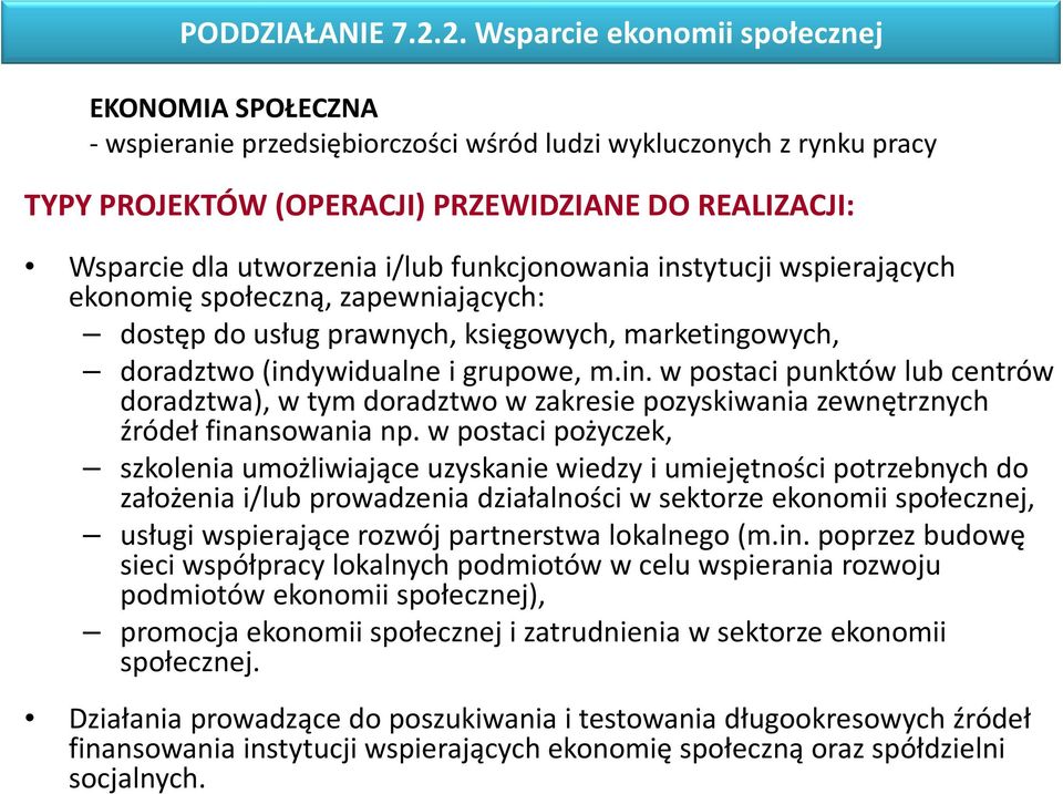 i/lub funkcjonowania instytucji wspierających ekonomię społeczną, zapewniających: dostęp do usług prawnych, księgowych, marketingowych, doradztwo (indywidualne i grupowe, m.in. w postaci punktów lub centrów doradztwa), w tym doradztwo w zakresie pozyskiwania zewnętrznych źródeł finansowania np.