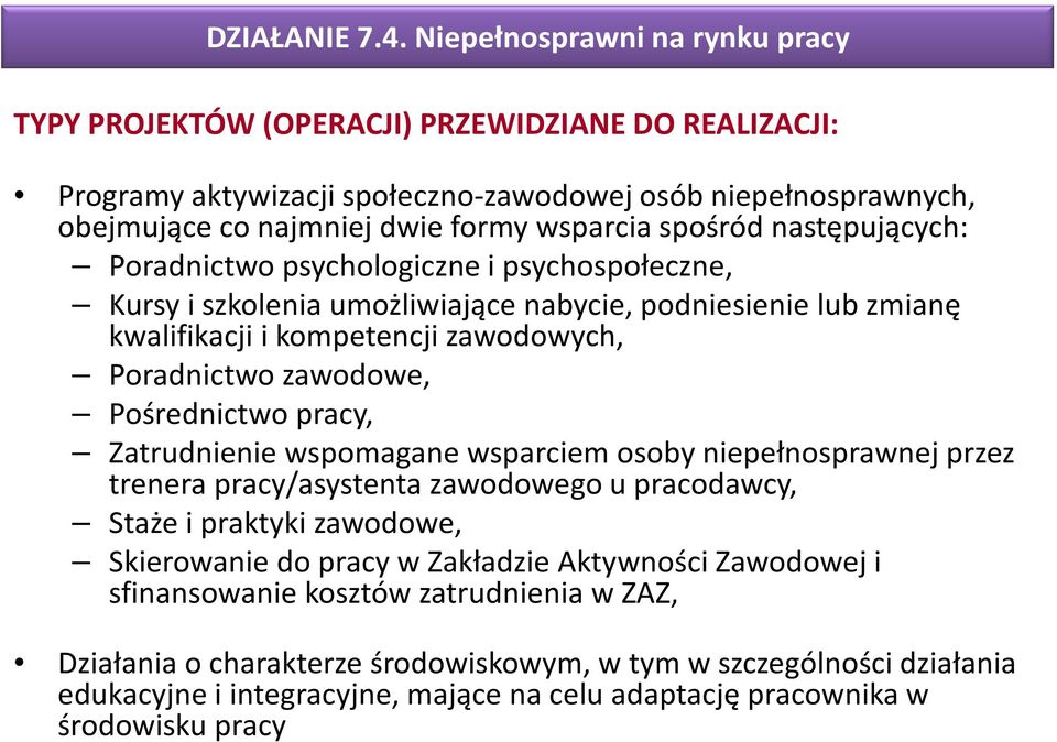 spośród następujących: Poradnictwo psychologiczne i psychospołeczne, Kursy i szkolenia umożliwiające nabycie, podniesienie lub zmianę kwalifikacji i kompetencji zawodowych, Poradnictwo zawodowe,