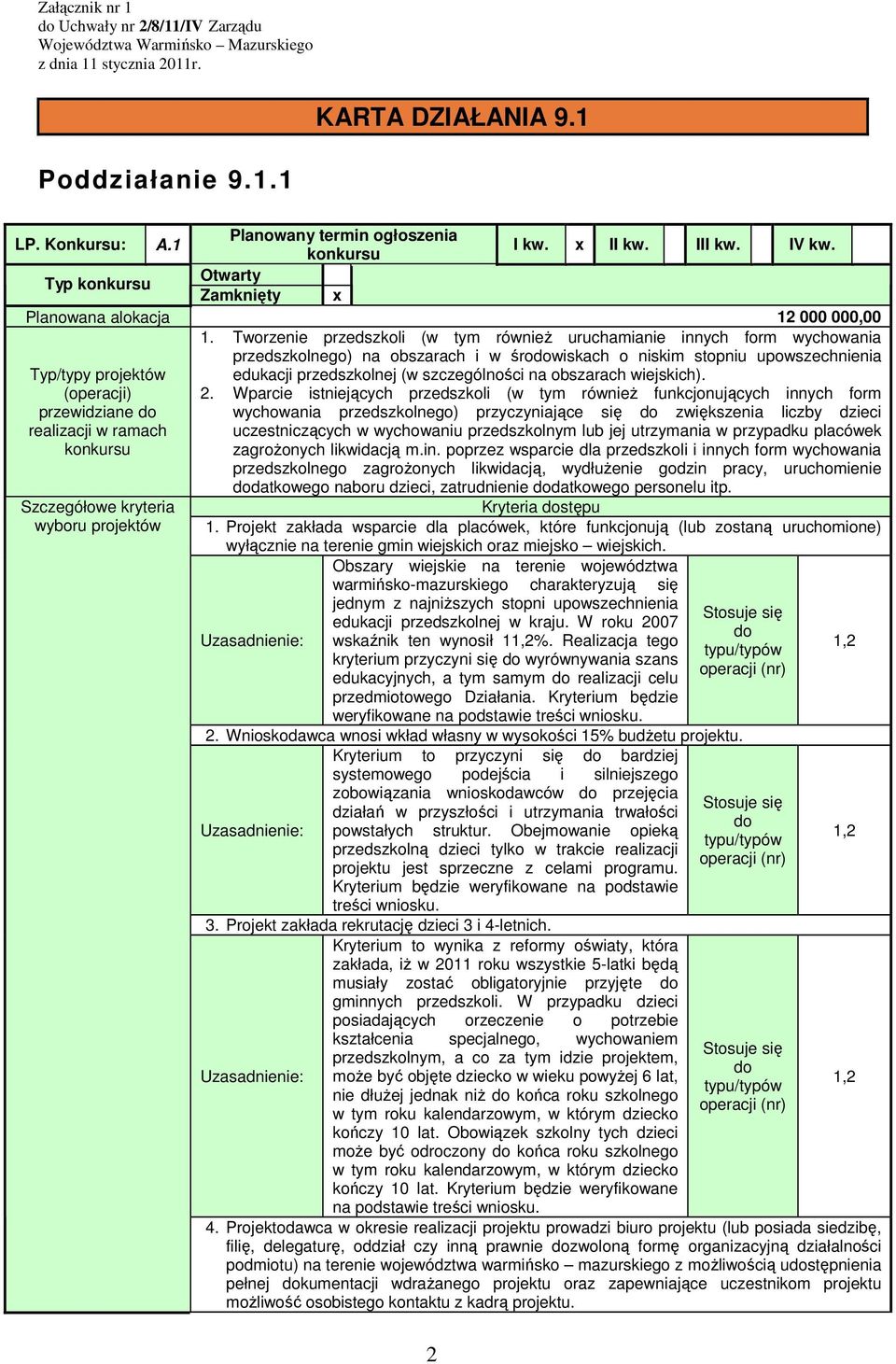 Tworzenie przedszkoli (w tym równieŝ uruchamianie innych form wychowania przedszkolnego) na obszarach i w śrowiskach o niskim stopniu upowszechnienia Typ/typy projektów edukacji przedszkolnej (w