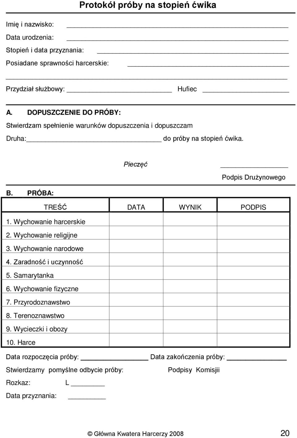 PRÓBA: TREŚĆ DATA WYNIK PODPIS 1. Wychowanie harcerskie 2. Wychowanie religijne 3. Wychowanie narodowe 4. Zaradność i uczynność 5. Samarytanka 6. Wychowanie fizyczne 7.