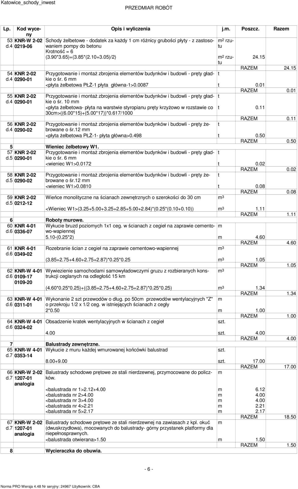 15 Przygoowanie i onaż zbrojenia eleenów budynków i budowli - pręy gładkie o śr. 6 <płya żelbeowa PŁŻ-1 płya główna-1>0.0087 0.01 RAZEM 0.