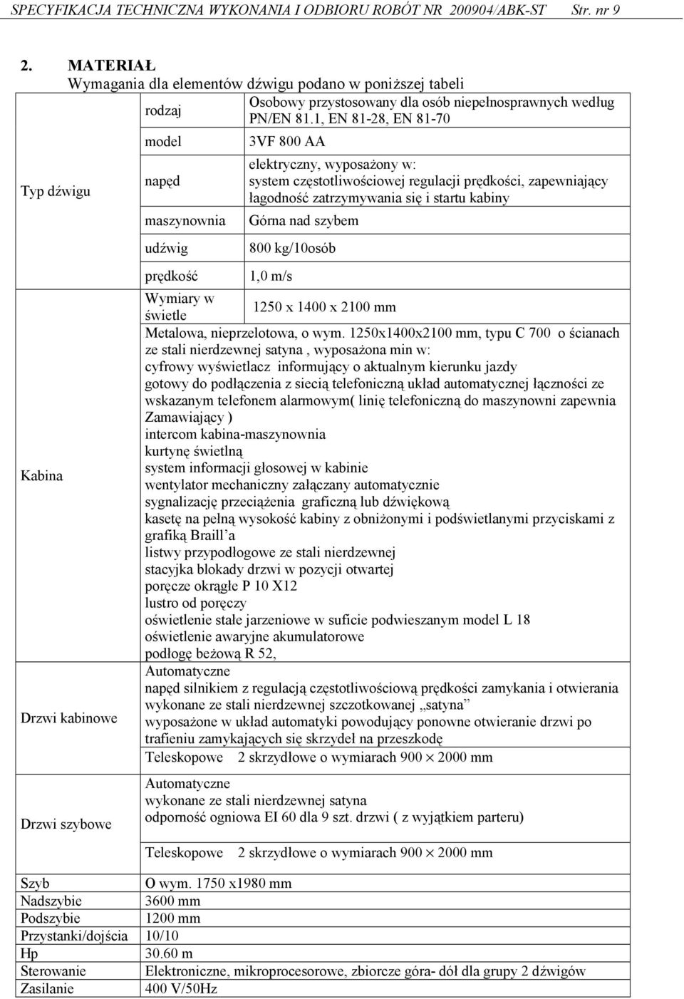 1, EN 81-28, EN 81-70 model 3VF 800 AA Typ d=wigu Kabina Drzwi kabinowe Drzwi szybowe nap.d maszynownia ud=wig pr.dko"/ elektryczny, wyposa7ony w: system cz.stotliwo"ciowej regulacji pr.