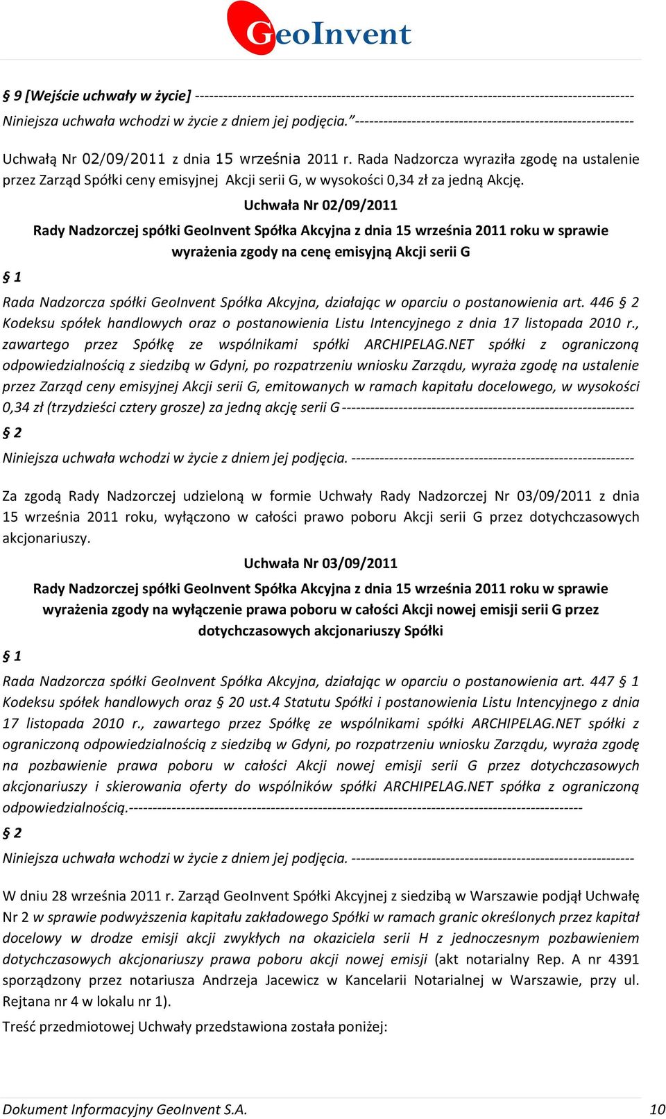 Rada Nadzorcza wyraziła zgodę na ustalenie przez Zarząd Spółki ceny emisyjnej Akcji serii G, w wysokości 0,34 zł za jedną Akcję.