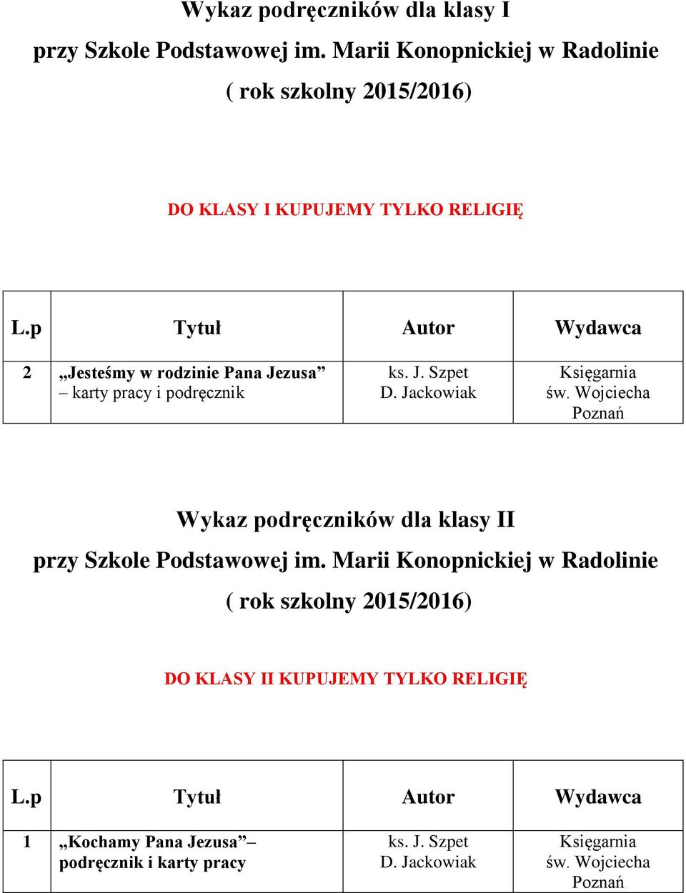 Szpet Wykaz podręczników dla klasy II DO KLASY II KUPUJEMY TYLKO