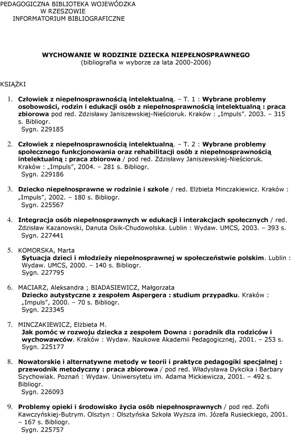 Zdzisławy Janiszewskiej-Nieścioruk. Kraków : Impuls. 2003. 315 s. Bibliogr. Sygn. 229185 2. Człowiek z niepełnosprawnością intelektualną. T.