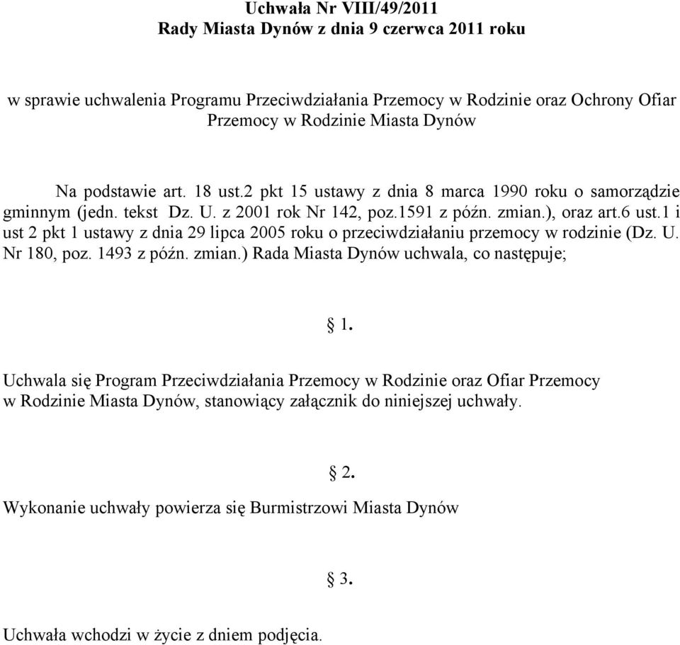 1 i ust 2 pkt 1 ustawy z dnia 29 lipca 2005 roku o przeciwdziałaniu przemocy w rodzinie (Dz. U. Nr 180, poz. 1493 z późn. zmian.) Rada Miasta Dynów uchwala, co następuje; 1.