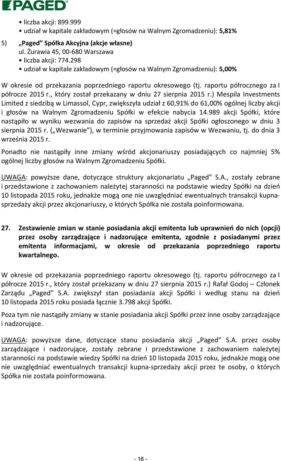 , który został przekazany w dniu 27 sierpnia 2015 r.