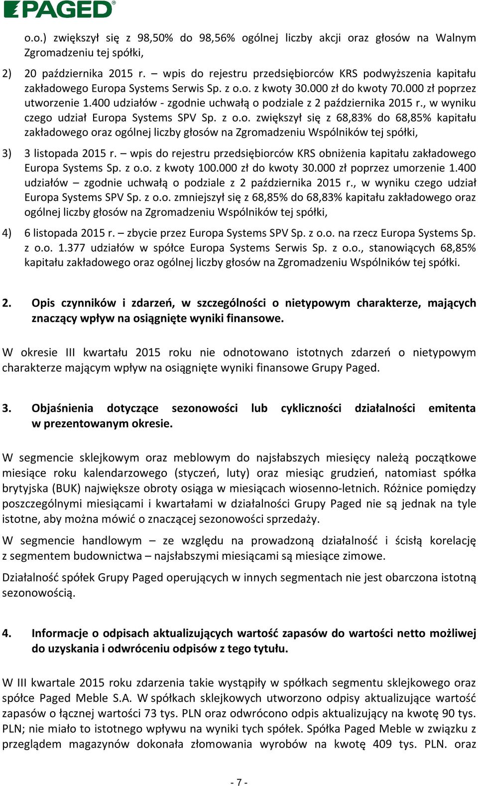 400 udziałów - zgodnie uchwałą o podziale z 2 października 2015 r., w wyniku czego udział Europa Systems SPV Sp. z o.o. zwiększył się z 68,83% do 68,85% kapitału zakładowego oraz ogólnej liczby głosów na Zgromadzeniu Wspólników tej spółki, 3) 3 listopada 2015 r.