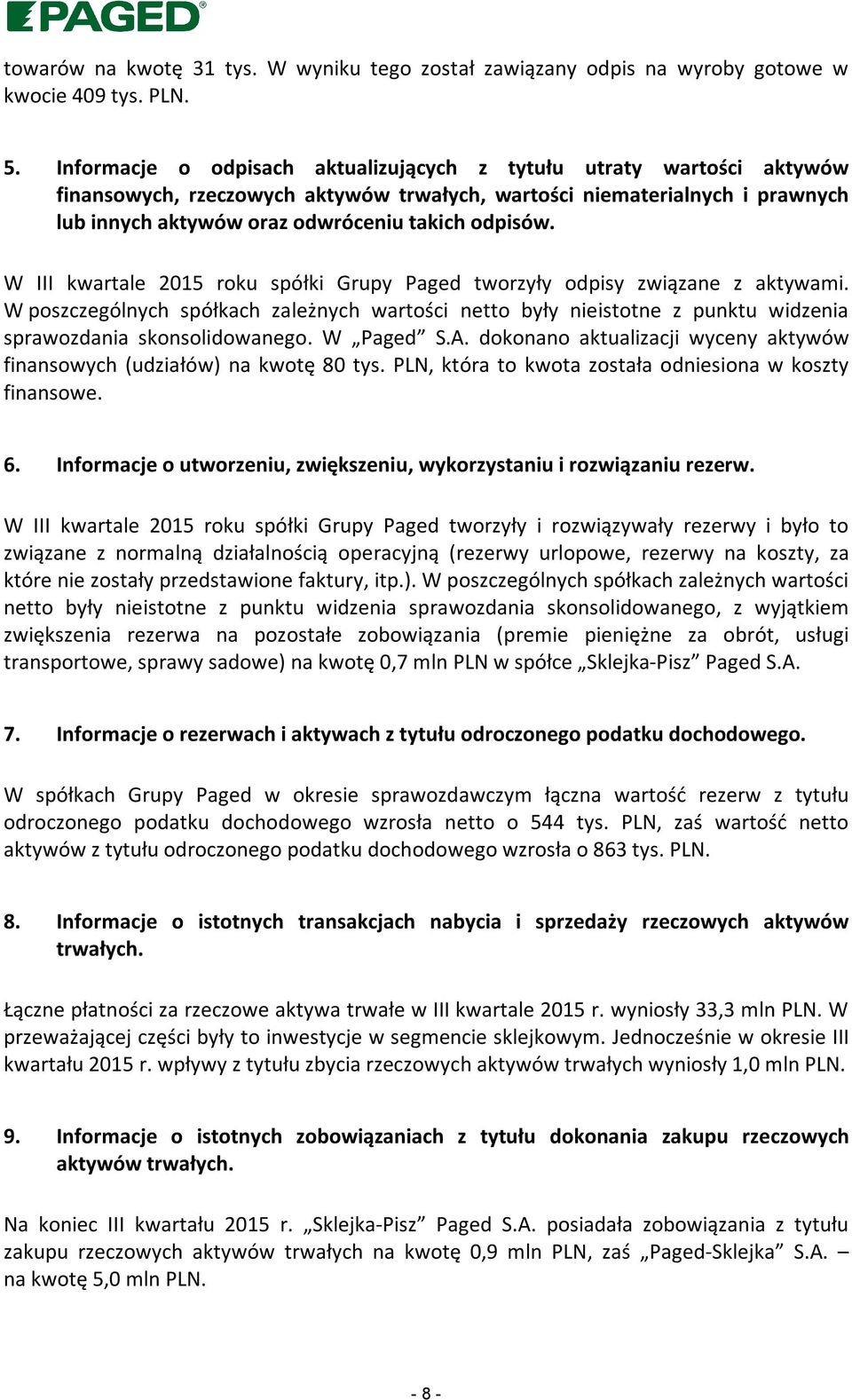 W III kwartale 2015 roku spółki Grupy Paged tworzyły odpisy związane z aktywami. W poszczególnych spółkach zależnych wartości netto były nieistotne z punktu widzenia sprawozdania skonsolidowanego.