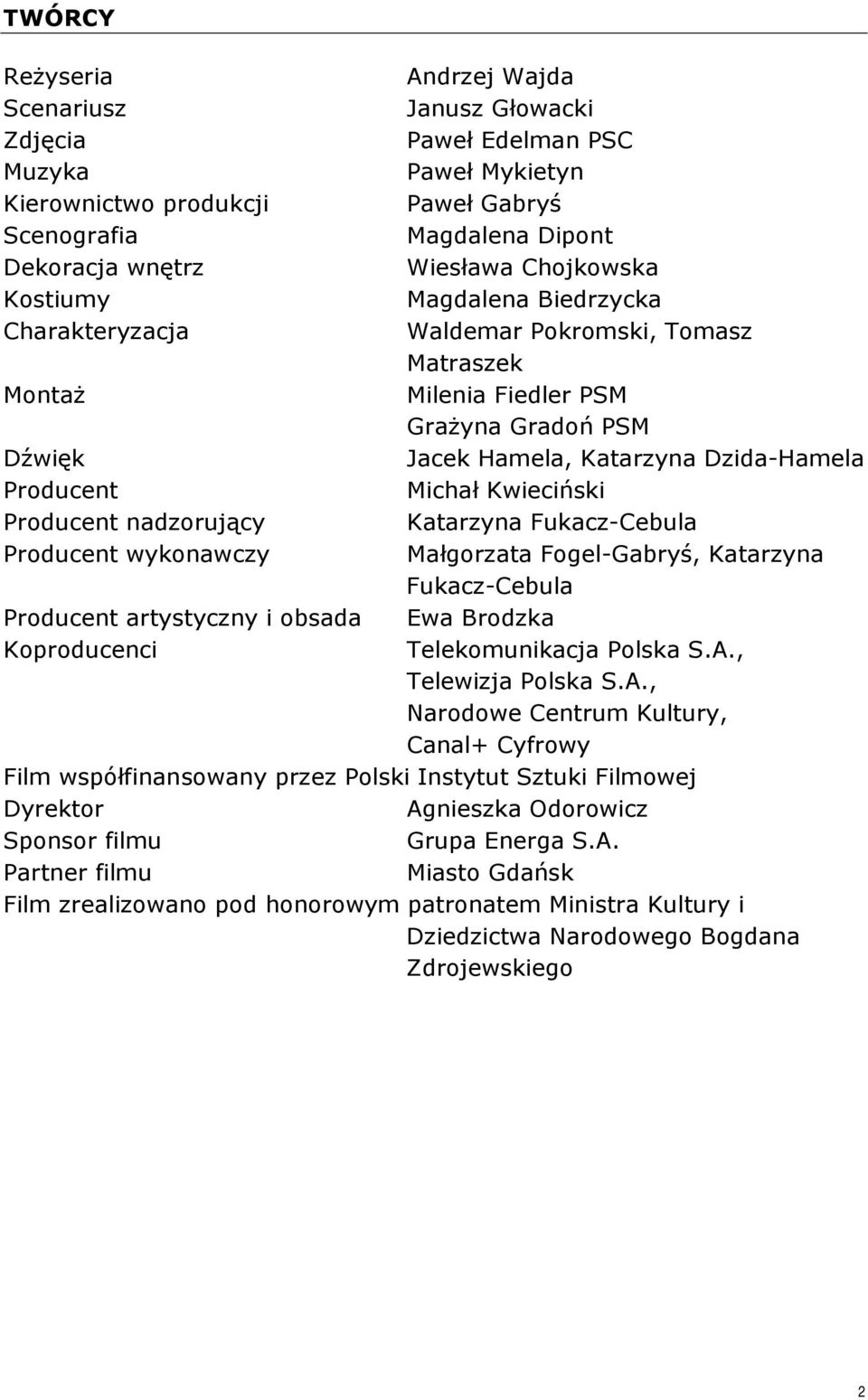 Michał Kwieciński Producent nadzorujący Katarzyna Fukacz-Cebula Producent wykonawczy Małgorzata Fogel-Gabryś, Katarzyna Fukacz-Cebula Producent artystyczny i obsada Ewa Brodzka Koproducenci