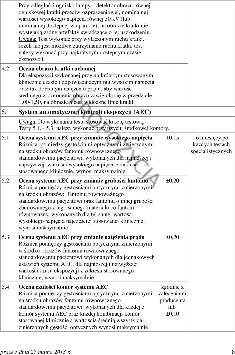 JeŜeli nie jest moŝliwe zatrzymanie ruchu kratki, test naleŝy wykonać przy najkrótszym dostępnym czasie ekspozycji. 4.2.