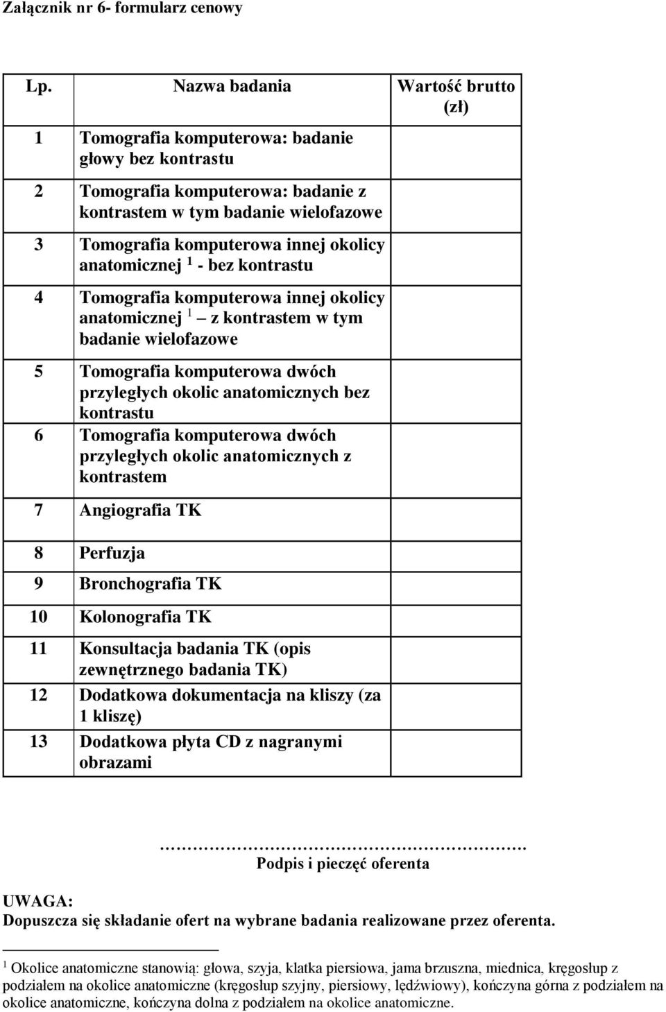 anatomicznej 1 - bez kontrastu 4 Tomografia komputerowa innej okolicy anatomicznej 1 z kontrastem w tym badanie wielofazowe 5 Tomografia komputerowa dwóch przyległych okolic anatomicznych bez