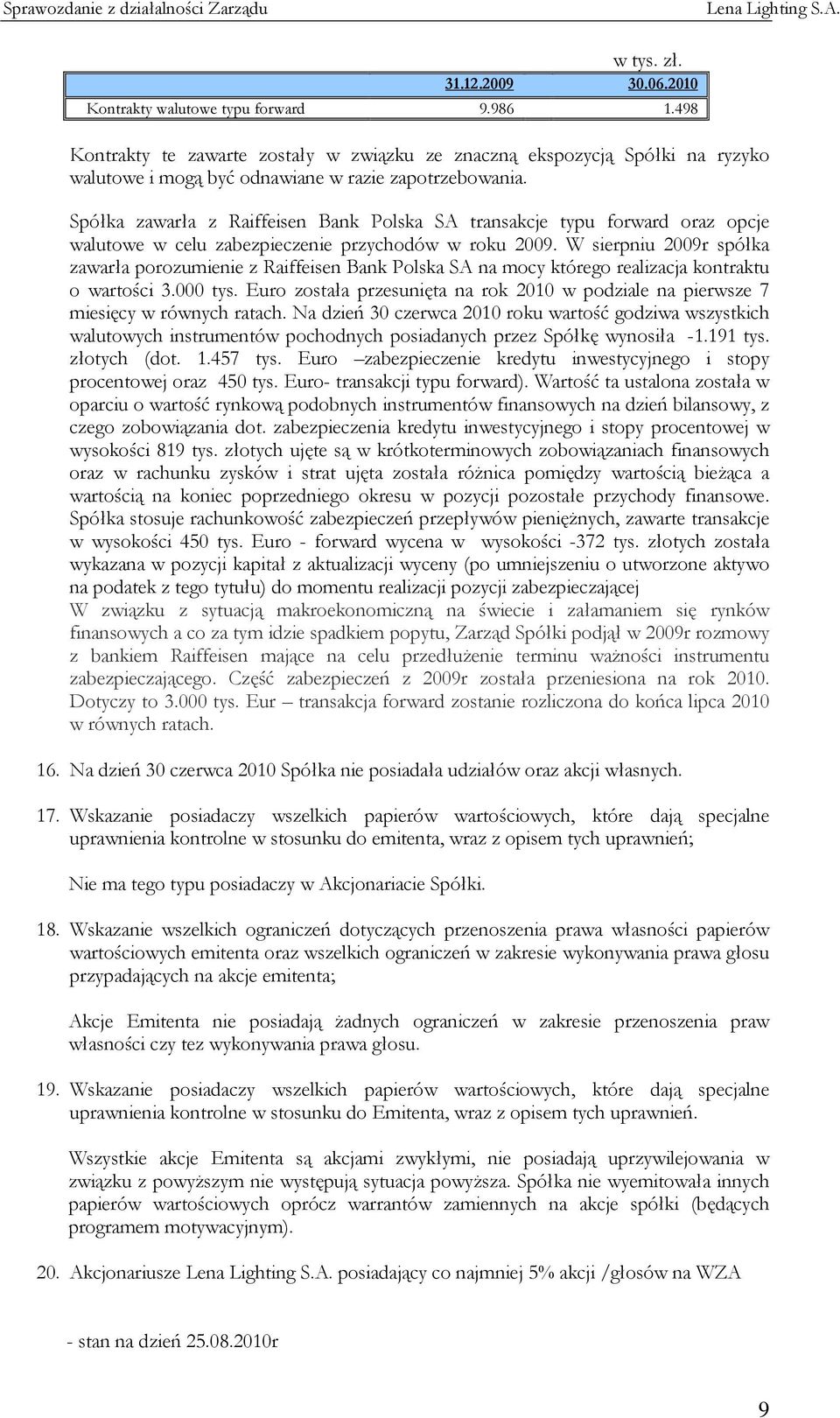 Spółka zawarła z Raiffeisen Bank Polska SA transakcje typu forward oraz opcje walutowe w celu zabezpieczenie przychodów w roku 2009.