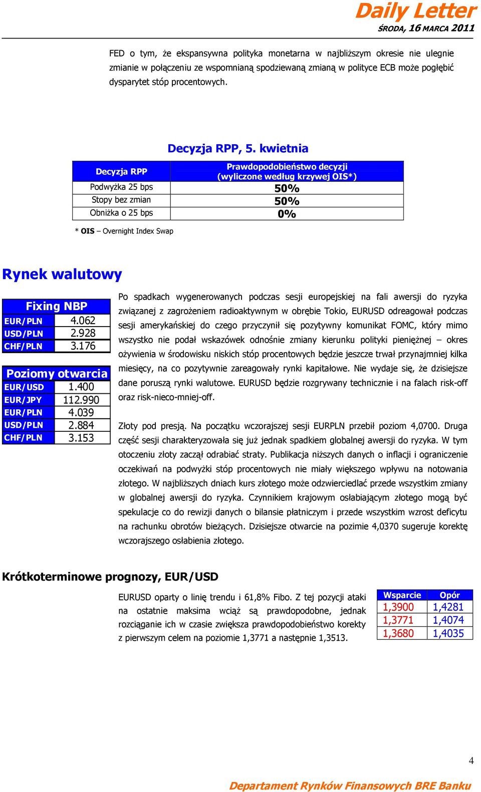 kwietnia Decyzja RPP Prawdopodobieństwo decyzji (wyliczone według krzywej OIS*) Podwyżka 25 bps 50% Stopy bez zmian 50% Obniżka o 25 bps 0% * OIS Overnight Index Swap Rynek walutowy Fixing NBP