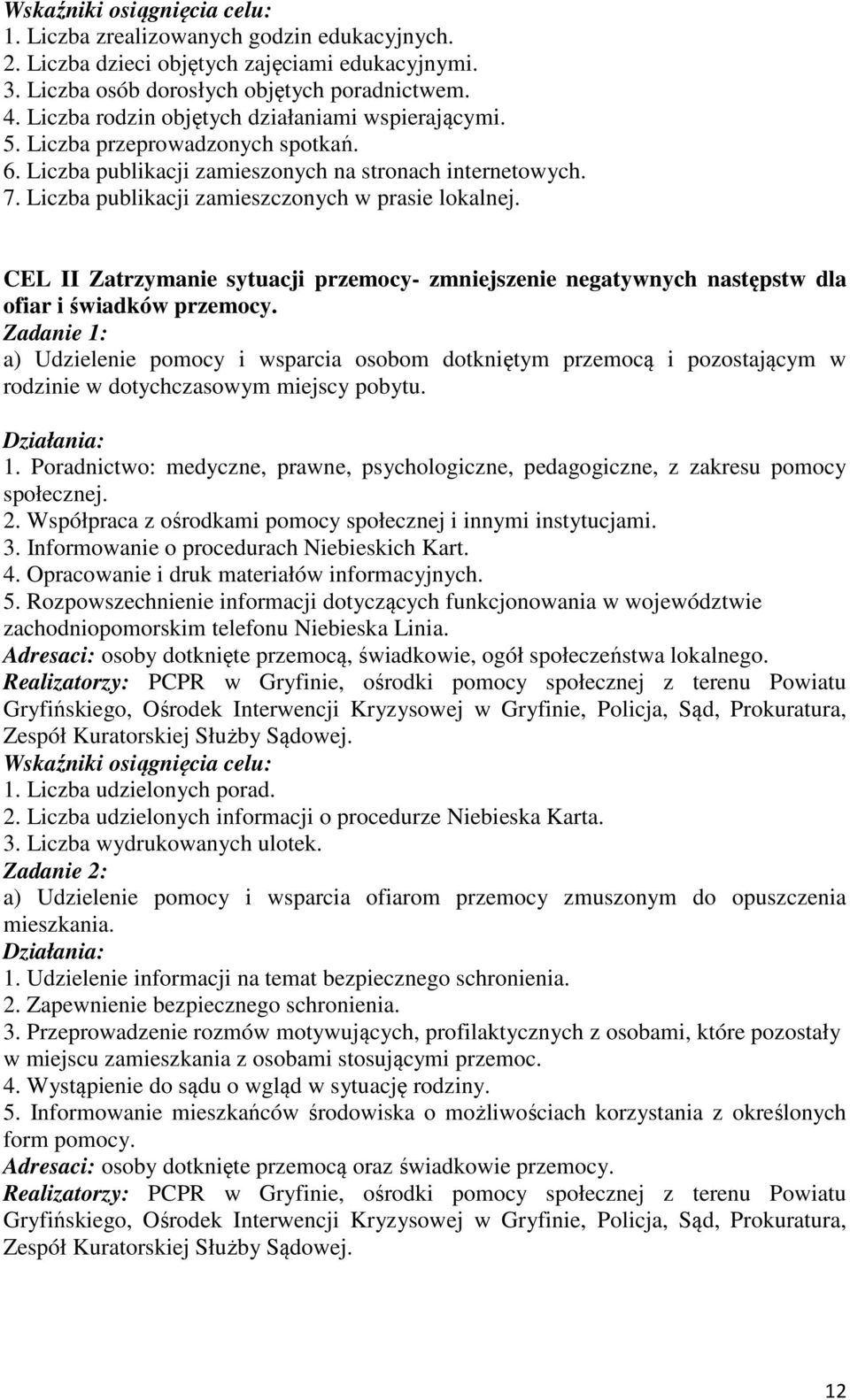 Liczba publikacji zamieszczonych w prasie lokalnej. CEL II Zatrzymanie sytuacji przemocy- zmniejszenie negatywnych następstw dla ofiar i świadków przemocy.