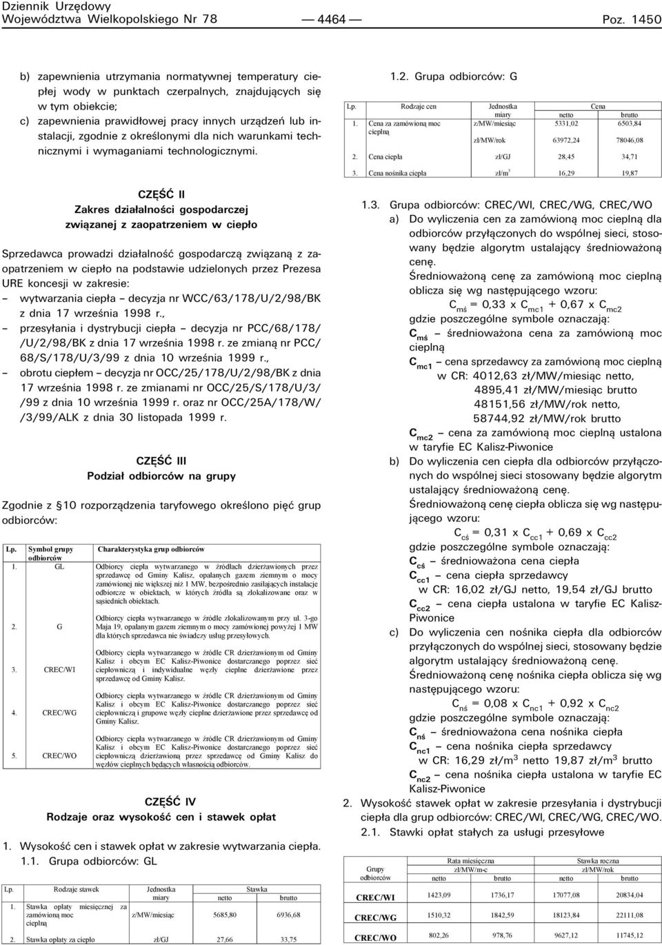 okreúlonymi dla nich warunkami technicznymi i wymaganiami technologicznymi. 1.2. Grupa odbiorcûw: G Lp. Rodzaje cen Jednostka Cena miary netto brutto 1.