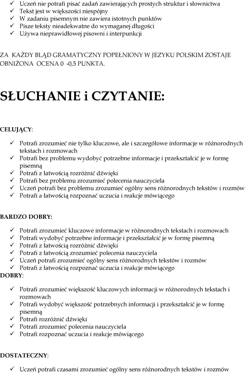 SŁUCHANIE i CZYTANIE: CELUJĄCY: Potrafi zrozumieć nie tylko kluczowe, ale i szczegółowe informacje w różnorodnych tekstach i rozmowach Potrafi bez problemu wydobyć potrzebne informacje i