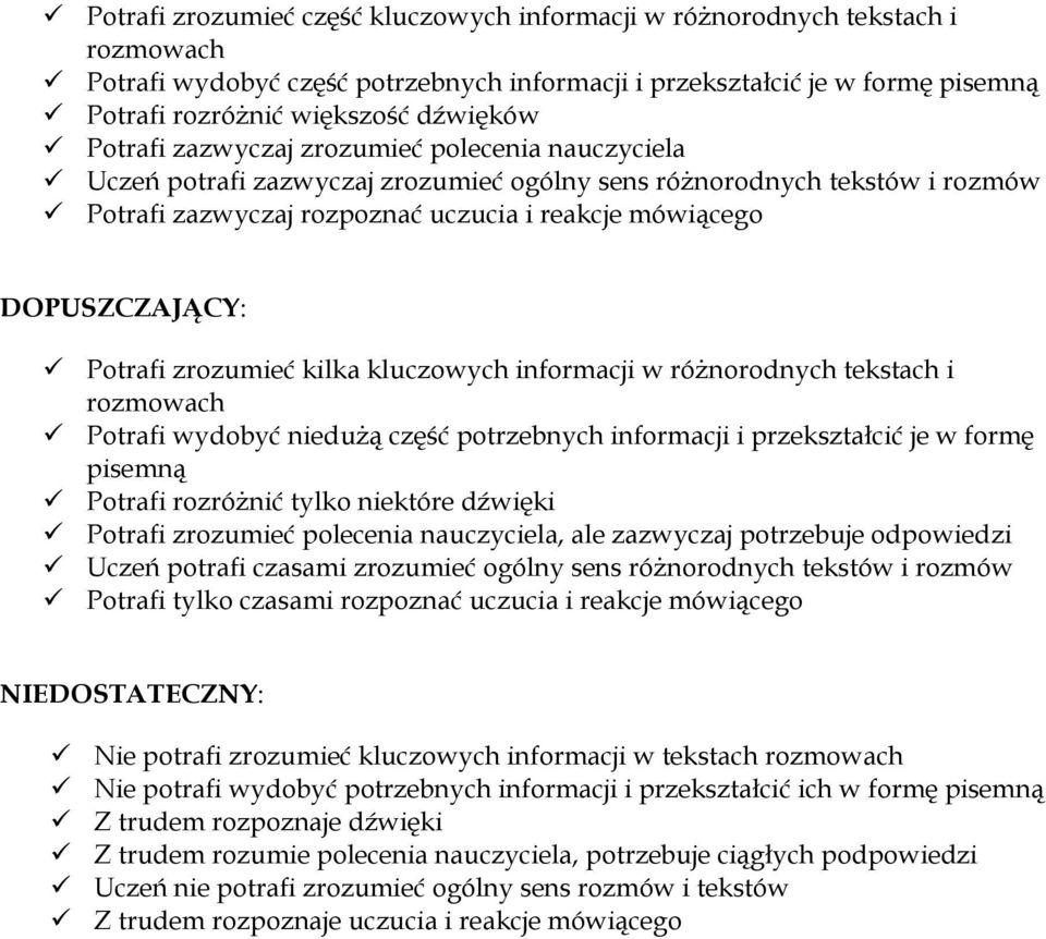 Potrafi zrozumieć kilka kluczowych informacji w różnorodnych tekstach i rozmowach Potrafi wydobyć niedużą część potrzebnych informacji i przekształcić je w formę pisemną Potrafi rozróżnić tylko