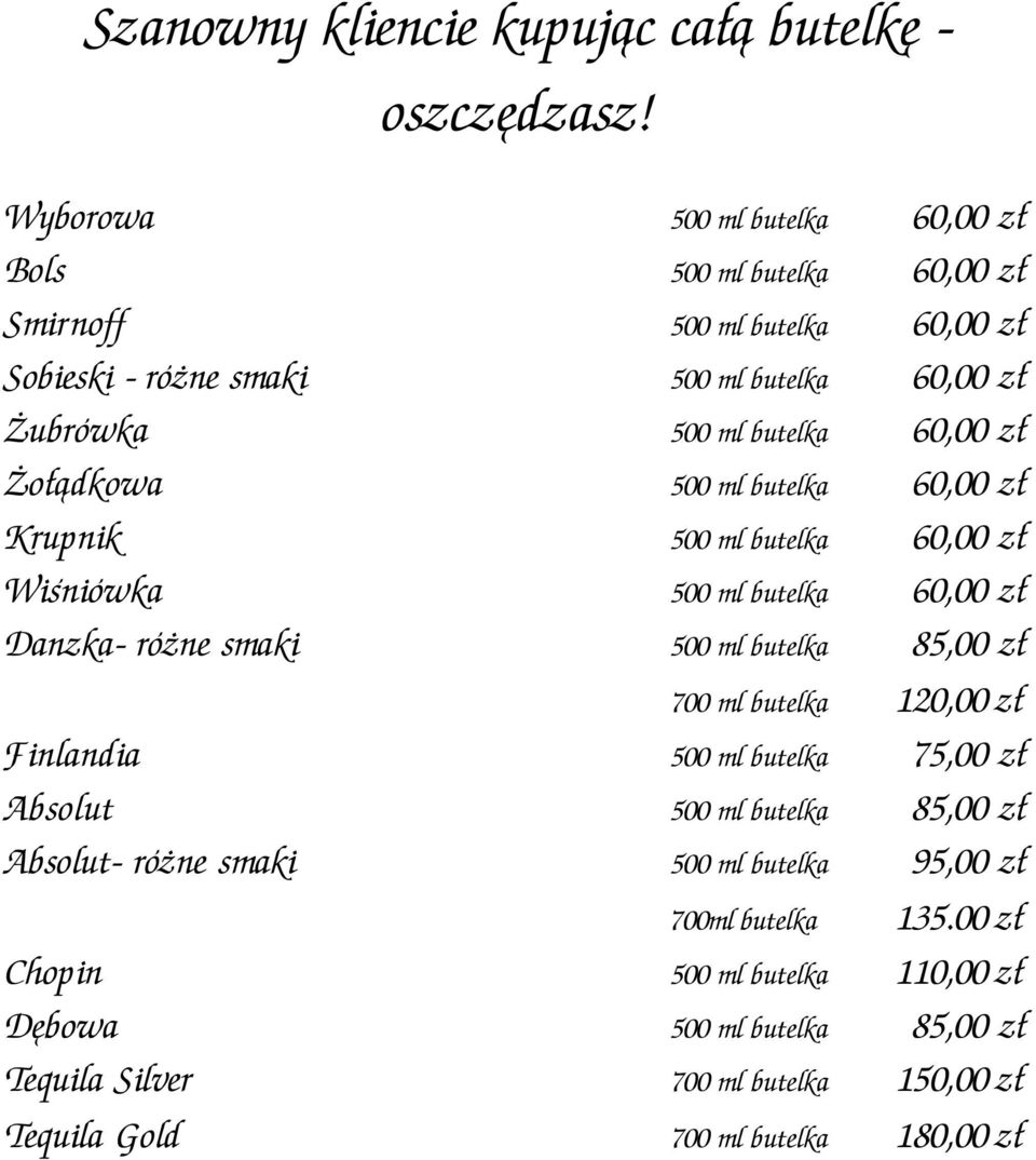 60,00 z»o dkowa 500 ml butelka 60,00 z Krupnik 500 ml butelka 60,00 z Wi ni¾wka 500 ml butelka 60,00 z Danzka- r¾ ne smaki 500 ml butelka 85,00 z 700 ml butelka
