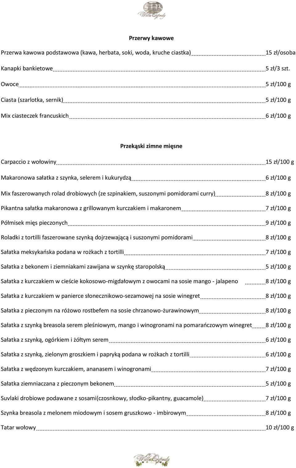 z grillowanym kurczakiem i makaronem Półmisek mięs pieczonych Roladki z tortilli faszerowane szynką dojrzewającą i suszonymi pomidorami Sałatka meksykańska podana w rożkach z tortilli Sałatka z