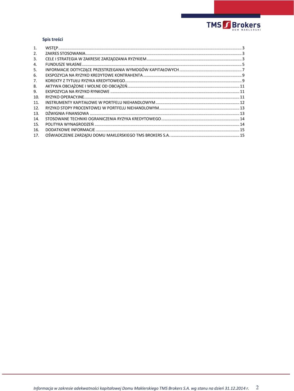 .. 11 11. 12. INSTRUMENTY KAPITAŁOWE W PORTFELU NIEHANDLOWYM... 12 RYZYKO STOPY PROCENTOWEJ W PORTFELU NIEHANDLOWYM... 13 13. 14. DŹWIGNIA FINANSOWA.