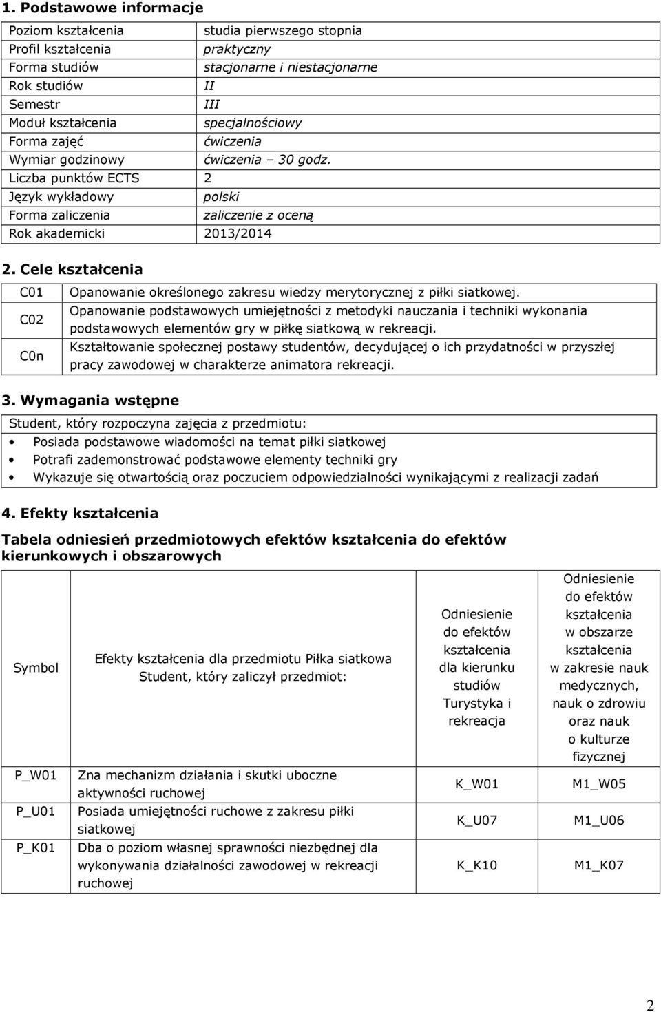 Cele kształcenia C01 C02 C0n Opanowanie określonego zakresu wiedzy merytorycznej z piłki siatkowej. Opanowanie z metodyki nauczania i techniki wykonania gry w rekreacji.