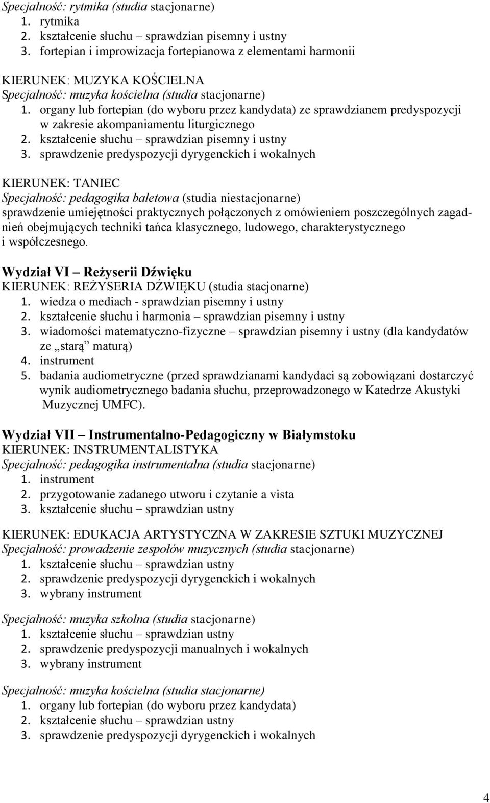 organy lub fortepian (do wyboru przez kandydata) ze sprawdzianem predyspozycji w zakresie akompaniamentu liturgicznego 2. kształcenie słuchu sprawdzian pisemny i ustny 3.