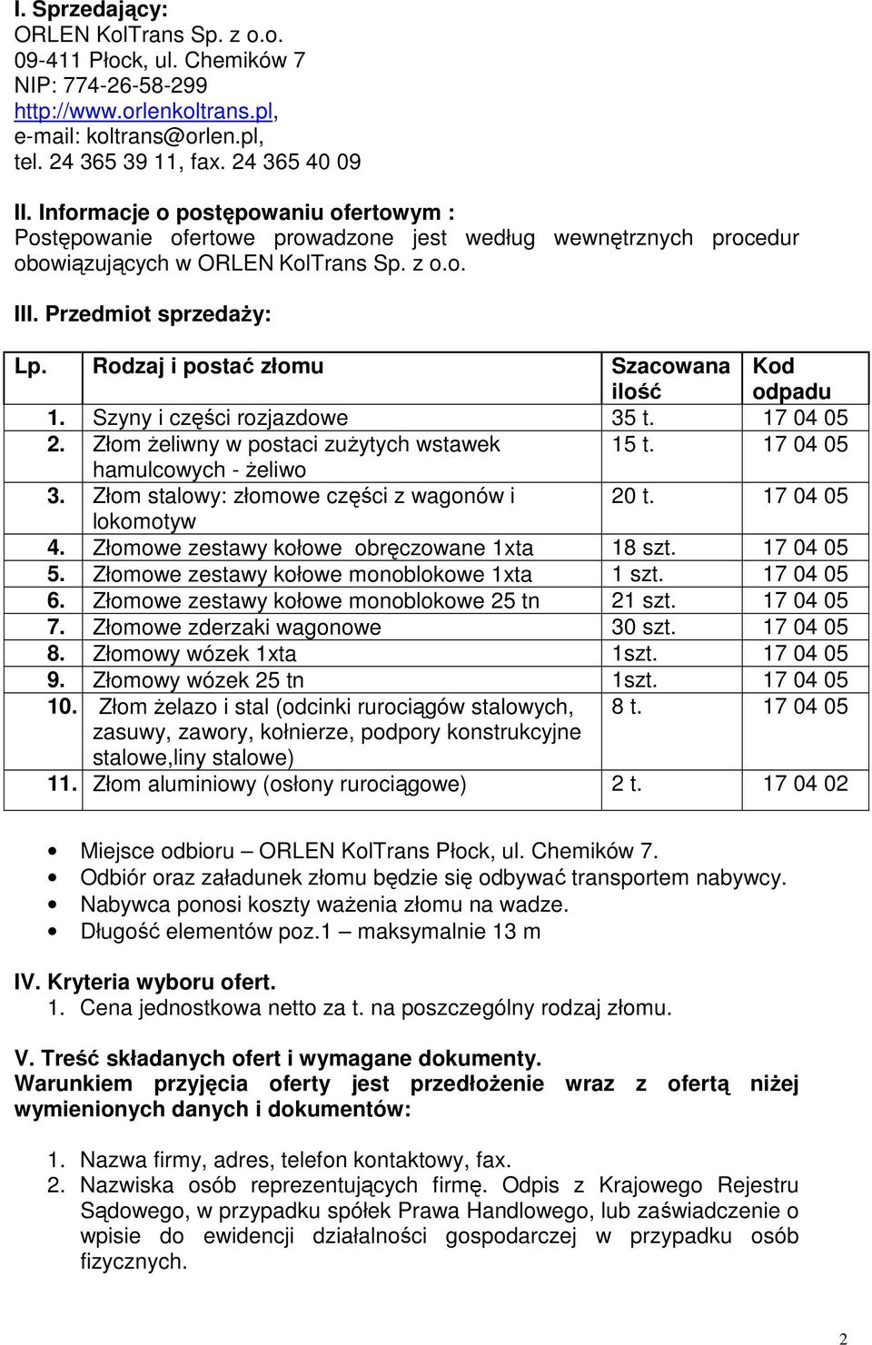 Rodzaj i postać złomu Szacowana ilość Kod odpadu 1. Szyny i części rozjazdowe 35 t. 17 04 05 2. Złom żeliwny w postaci zużytych wstawek 15 t. 17 04 05 hamulcowych - żeliwo 3.