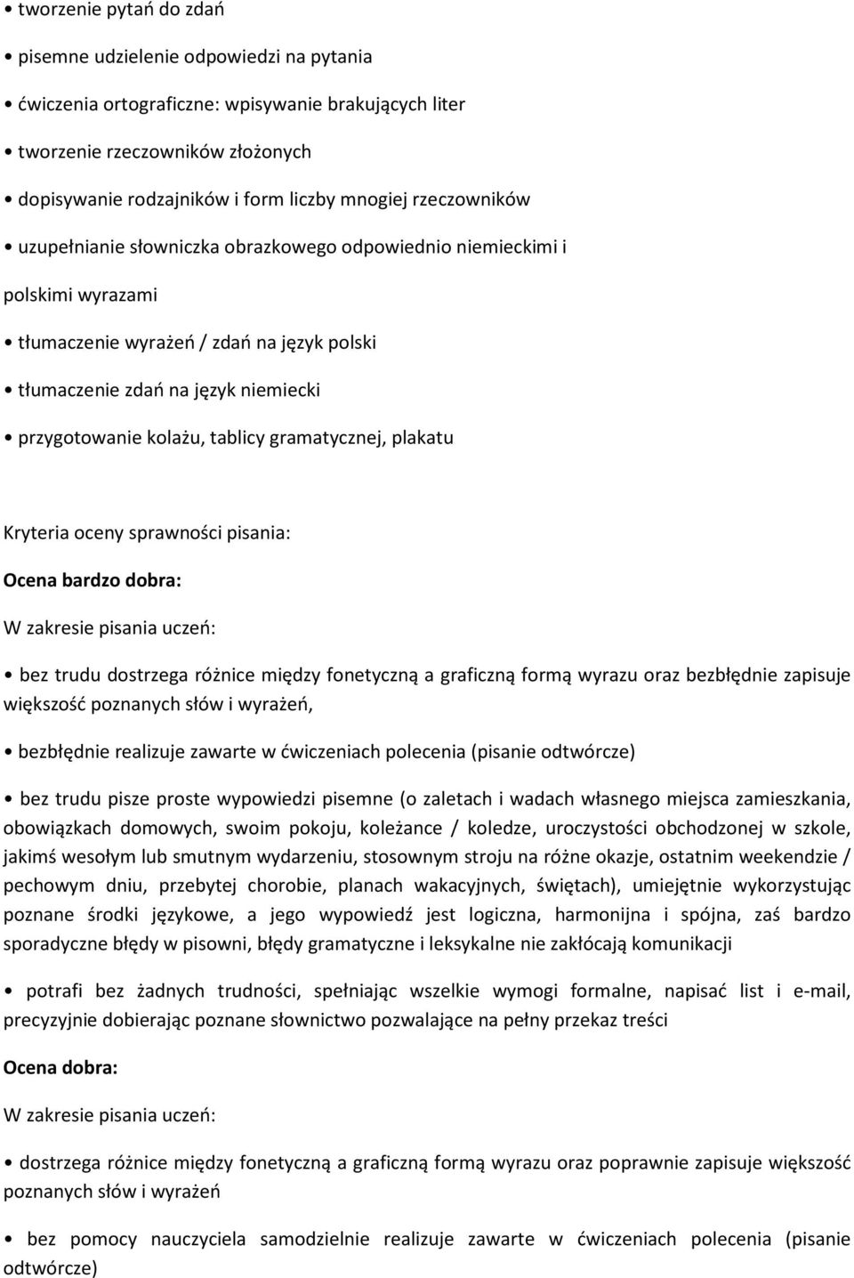 tablicy gramatycznej, plakatu Kryteria oceny sprawności pisania: Ocena bardzo dobra: W zakresie pisania uczeń: bez trudu dostrzega różnice między fonetyczną a graficzną formą wyrazu oraz bezbłędnie