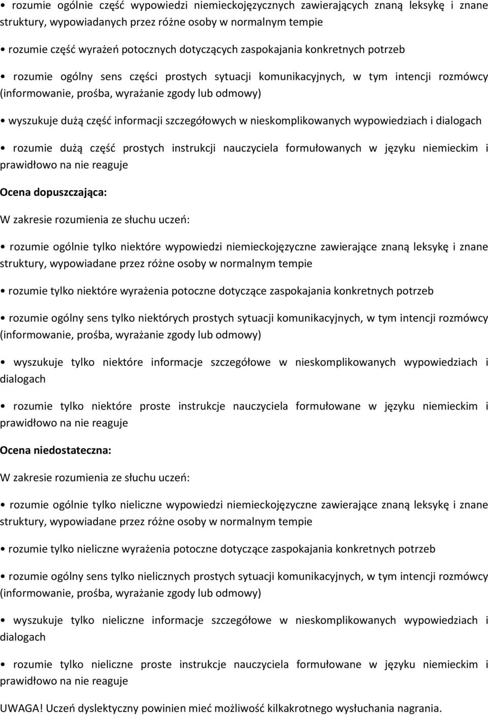 informacji szczegółowych w nieskomplikowanych wypowiedziach i dialogach rozumie dużą część prostych instrukcji nauczyciela formułowanych w języku niemieckim i prawidłowo na nie reaguje Ocena