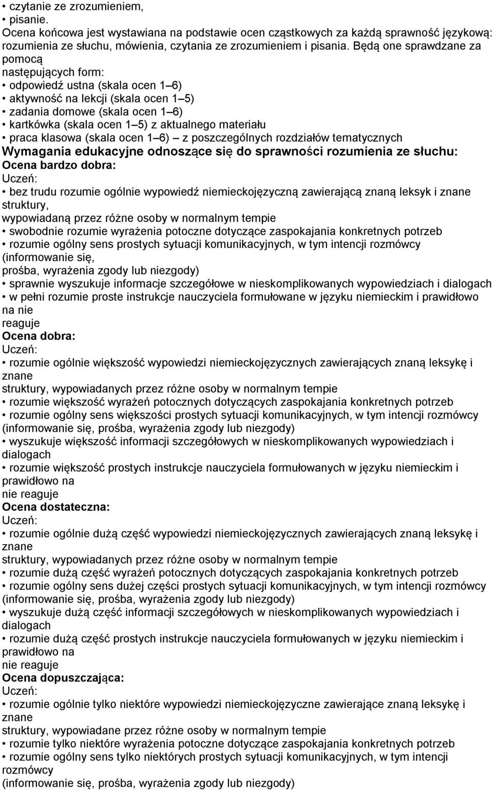 materiału praca klasowa (skala ocen 1 6) z poszczególnych rozdziałów tematycznych Wymagania edukacyjne odnoszące się do sprawności rozumienia ze słuchu: bez trudu rozumie ogólnie wypowiedź